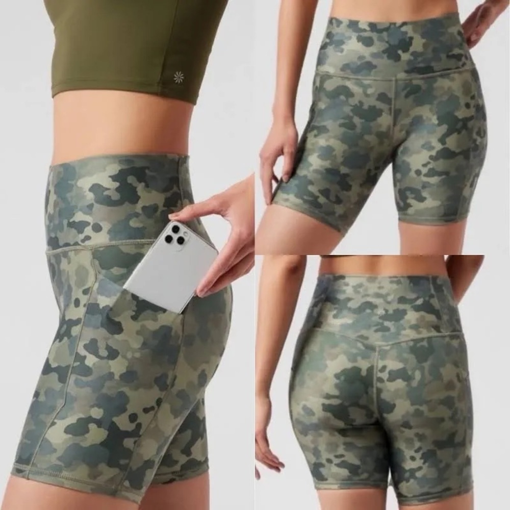 Athleta Green Camo High-Rise Bike Shorts